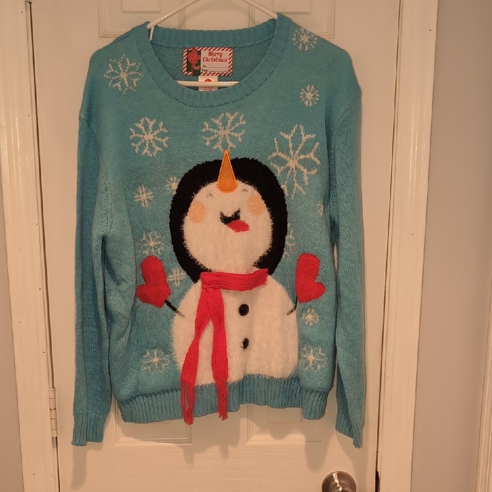 Charming Blue Snowman Sweater with Red Accents